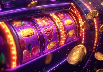 Vibrant Slot Machine with Spinning Reels and Coins