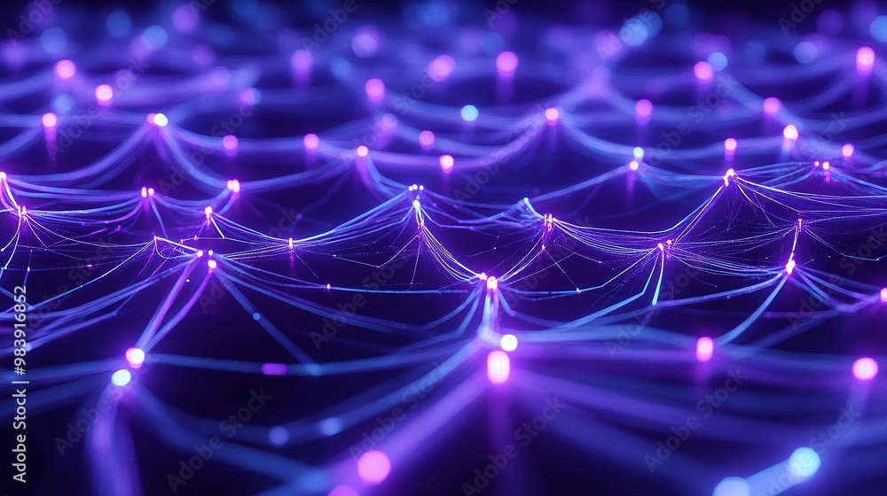 Poster vibrant abstract network of glowing nodes and lines in purple tones, creating a stunning visual repr