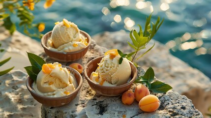 Servings of kulfi scooped with apricots in clay bowls on a stone piece table by the lake