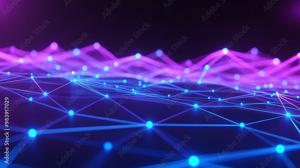 Poster vibrant abstract network visualization with glowing lines and dots in purple and blue tones, ideal f