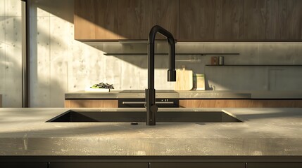 Set a black faucet on a double bowl kitchen island sink next to the cooktop and cabinetry
