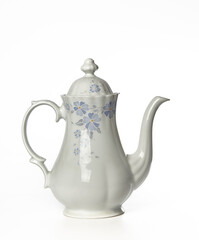 Vintage porcelain decanter with lid isolated on white background. Old ceramic vessel with picture