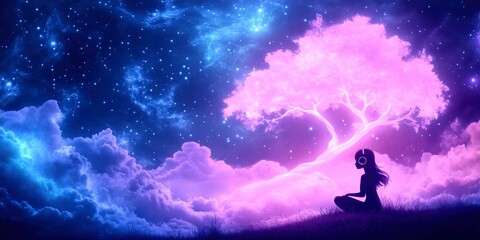 Obraz premium art of beautiful girl in space with stars and cloud on glowing dark sky