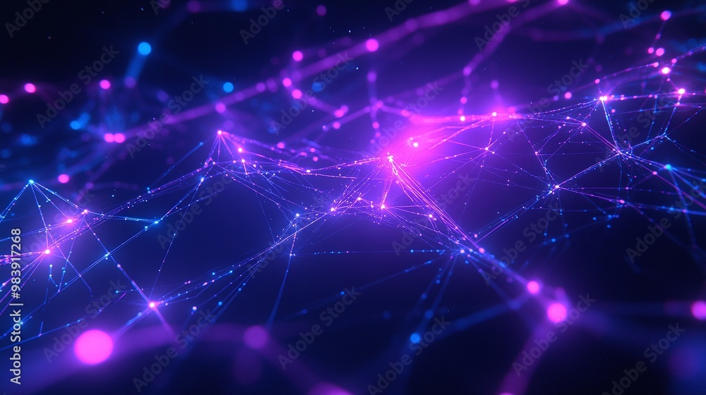 Poster vibrant abstract network with glowing nodes and connecting lines, showcasing a futuristic digital la