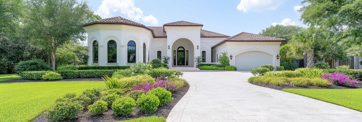 luxury home with gardens, flowers and pathway