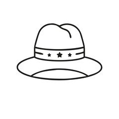 Simple black and white illustration of a cowboy hat adorned with star details on the band. Ideal for Western-themed designs, costume concepts, or as a fashion accessory icon...