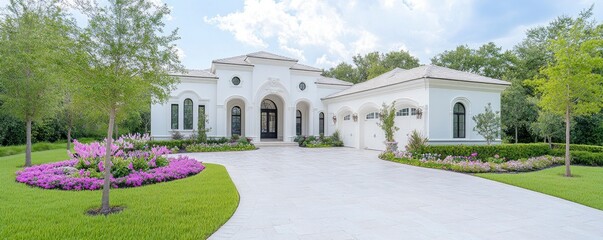 luxury home with gardens, flowers and pathway