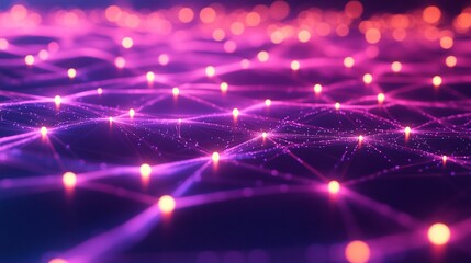 Fototapeta premium Vibrant abstract network with glowing nodes in shades of purple and pink, conveying technology and connectivity themes.
