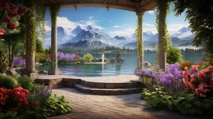 Fototapeta premium Beautiful view of the lake and mountains from the blooming garden. Digital collage. Wallpaper. Poster design. Gazebo with a fountain.