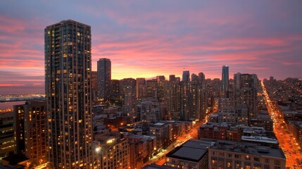 Fototapeta premium Breathtaking Cityscape of Vibrant Metropolis at Sunset