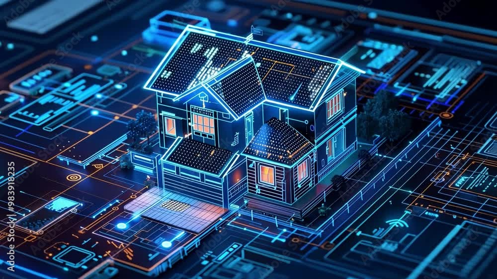 Leinwandbilder The visualization features a modern house with glowing outlines, set against a backdrop of intricate technology interfaces. It's a blend of architecture and innovation.