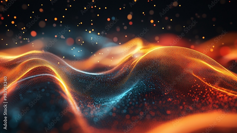 Poster vibrant abstract waves with glowing particles, creating a mesmerizing blend of colors and patterns f
