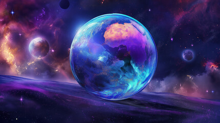 Obraz premium Surreal digital art of an abstract planet with vibrant colors and other planets in the background, floating inside a large glass sphere, with a cosmic scene and dark space background