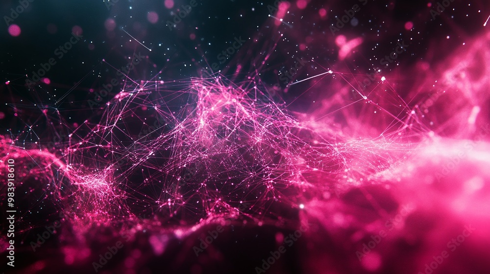 Poster vibrant digital abstract background with luminous pink and blue particles, creating a dynamic cosmic