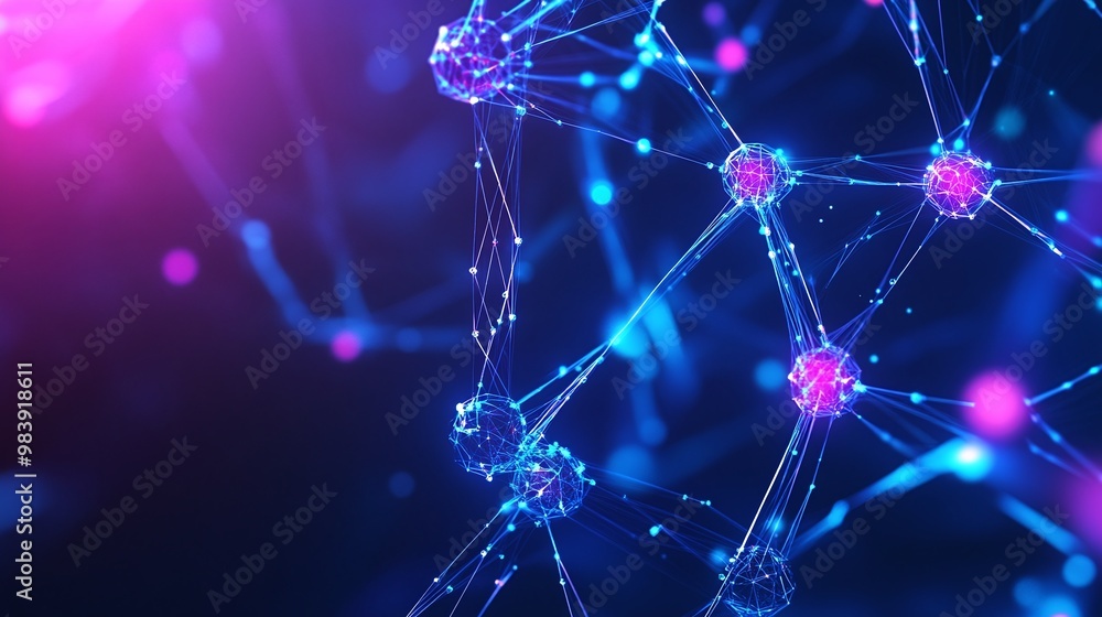 Poster vibrant digital abstract representation of interconnected nodes and strands, showcasing network dyna