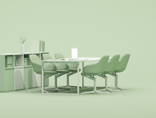 Green is trend color of the year in the office. Business teamwork concept. Employee working on computer. There are desktops on the tables.Creative interior design. 3d render