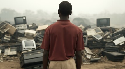 The Digital Divide: A solitary figure contemplates a mountain of discarded technology, symbolizing the vast gap between those who have access to the digital world and those who do not.  