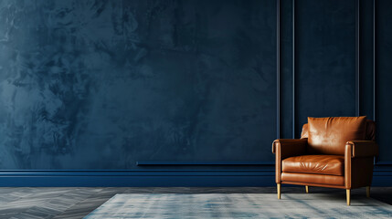 Stylish leather chair against empty dark blue wall.