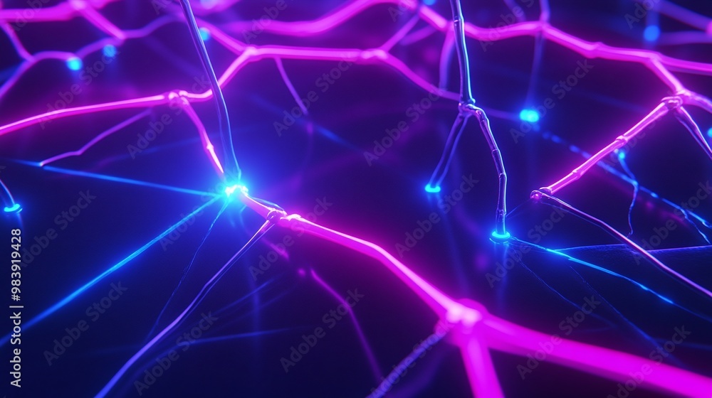Poster vibrant neon network with glowing lines and nodes, blending futuristic technology with abstract art 