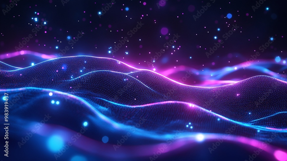 Poster vibrant neon waves with glowing particles create a mesmerizing abstract background for digital desig