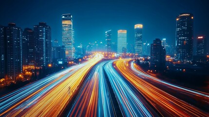 Fototapeta premium Nighttime Cityscape with Light Trails on a Highway