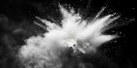 A dramatic scene of white powder exploding and dispersing in the air against a black background.