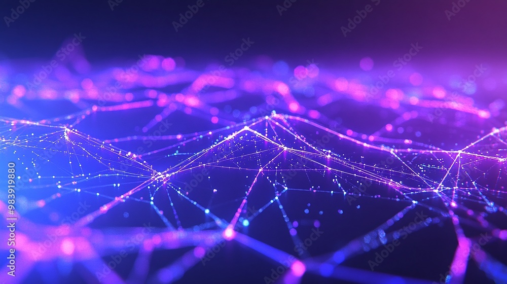Poster vibrant network visualization with glowing nodes and connections, showcasing technology and innovati
