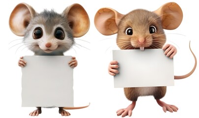 Cartoon cute mouse holding blank sign isolated on white background
