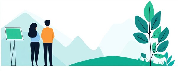 Two people exploring a serene landscape with mountains and greenery, embodying adventure and connection with nature.