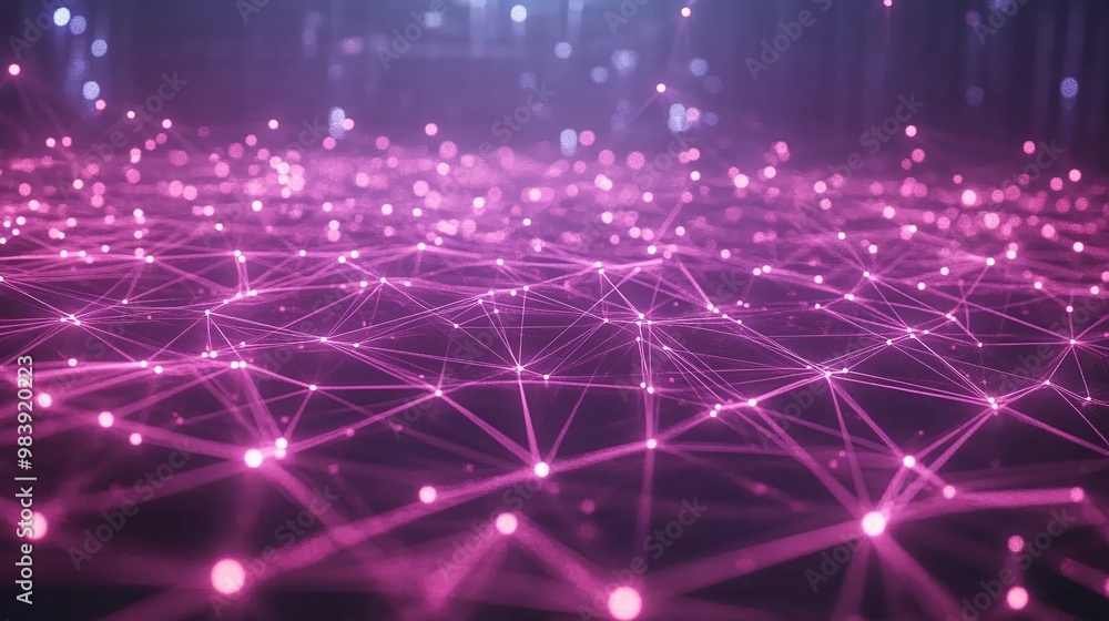 Poster vibrant pink digital network with glowing connections and particles, symbolizing technology and data