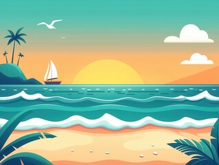 Obraz premium A vibrant beach scene at sunset, featuring gentle waves, palm trees, and a sailboat on the horizon, perfect for vacation themes.