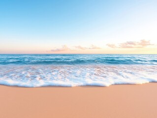 Obraz premium Serene beach scene at sunset, featuring gentle waves and a clear sky, perfect for relaxation or travel-themed projects.