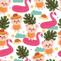 seamless pattern cartoon pig with summer vibes and stuff. cute summer wallpaper for fabric print, gift wrap paper