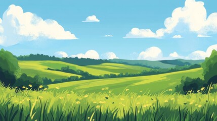 Obraz premium A picturesque green field under a bright blue sky.