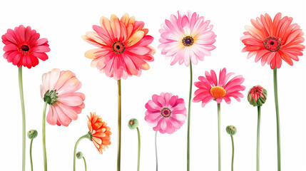 Obraz premium Watercolor clipart with flowers, gerbera and daisy in bright and cheerful colors.