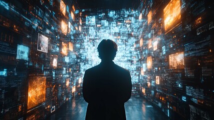 A lone figure stands before a wall of glowing digital data streams.