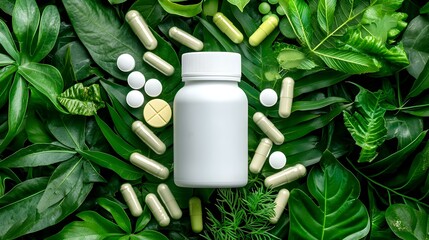 Vibrant bottle of health supplements nestled among lush greenery, showcasing a holistic approach to wellness and vitality.