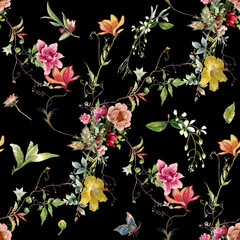 Beautiful seamless pattern  painting wiht flower, botany. print for fabric, textile, packaging , on dark background