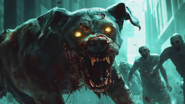 A zombie dog snarling at a group of survivors, with glowing eyes and torn fur.