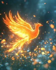 Glowing Phoenix Ascending, a majestic phoenix emerges from radiant embers, symbolizing rebirth and resilience in a fiery display.