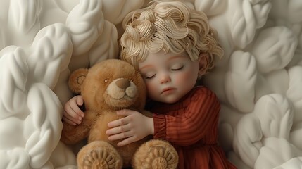 Sleeping Child with Teddy Bear in White Cloud Bed