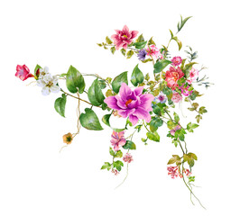 watercolor painting of leaves and flower, on white background