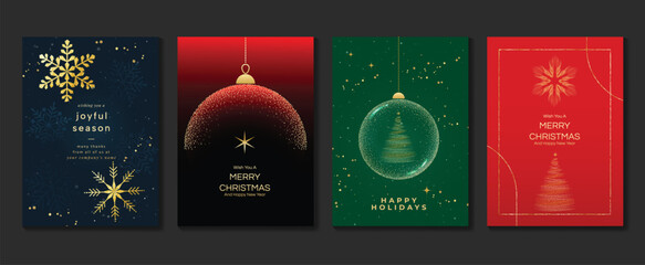 Luxury christmas invitation card art deco design vector. Christmas bauble, snowflake, tree in spot texture on green, navy blue and red background. Design illustration for cover, poster, greeting card.