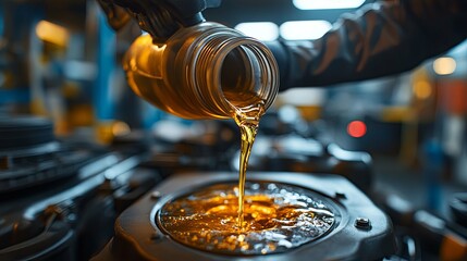 Pouring Engine Oil Into a Car Engine