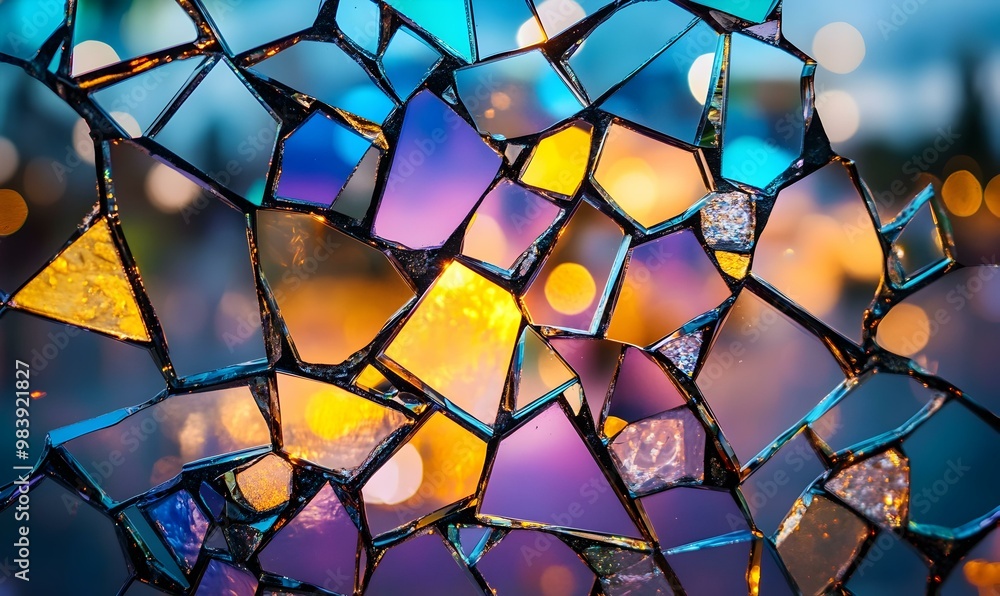 Poster neon reflections, fragments of mirrors scatter vibrant colors, creating a kaleidoscope of light and 