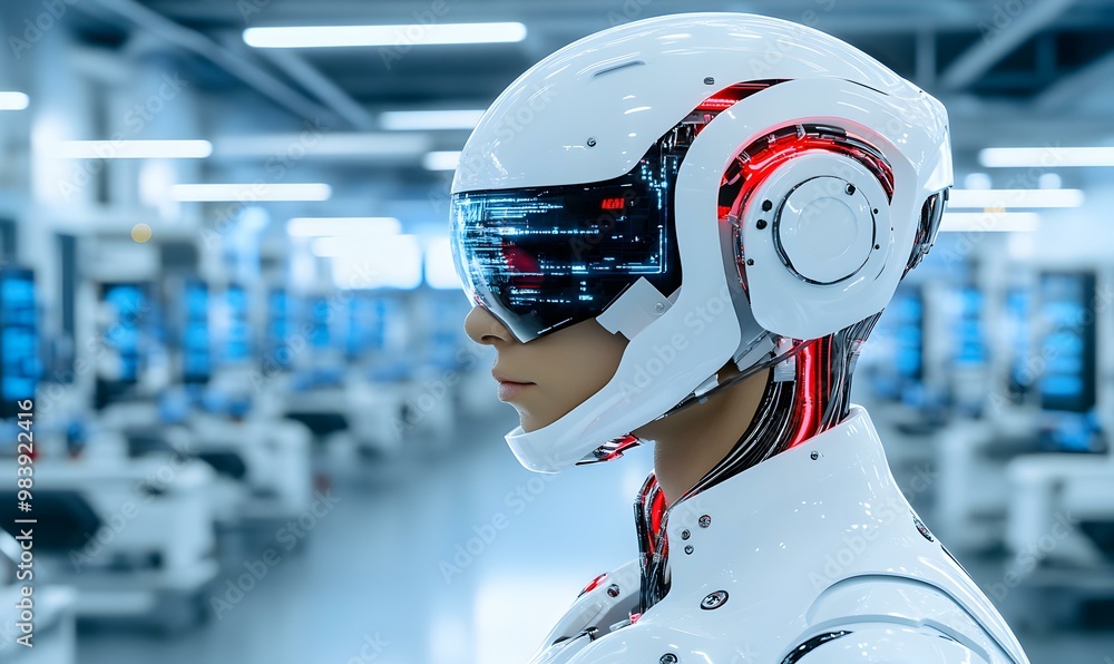 Poster autonomous robot repair facility, a high-tech environment showcasing advanced robots undergoing main