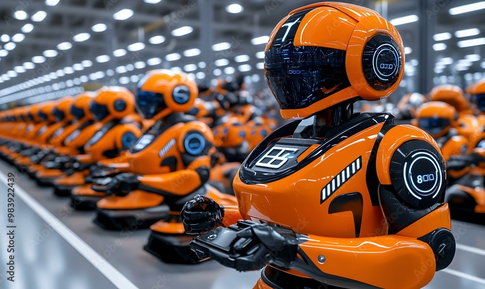 Poster autonomous robot maintenance hub, a high-tech facility with robots undergoing repairs, advanced mach