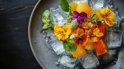 Vibrant edible flowers and ice cubes arrangement on rustic plate