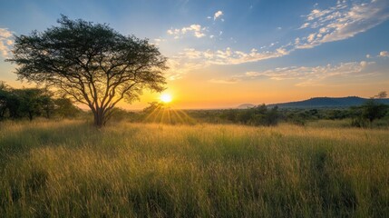 Fototapeta premium Dawn over the grasslands and savanna in the heart of South Africa's Kruger National Park 