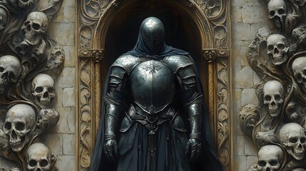 Obraz premium Dark Paladin in Tarnished Armor Surrounded by Gothic Skeletal Figures and Ornate Art Nouveau Frame